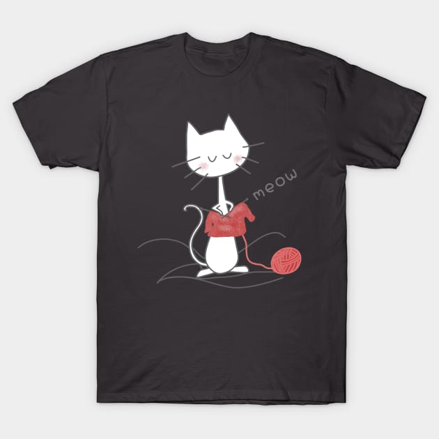 White Knitting Cat - Asphalt T-Shirt by Design Fern